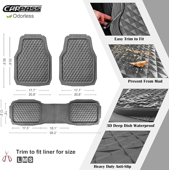 CAR PASS Deep Dish Heavy Duty Rubber Car Floor Mats All Weather, Gray | 3D Rhombus Waterproof, Durable Anti-Slip, Trim to Fit Liner Universal Fit 95% Automotive Sedan SUV Truck, Easy Clean 3 Pieces - Image 5
