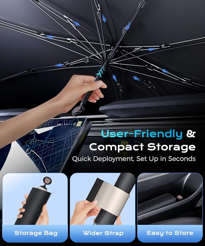 [2026 Upgrade] Coverado Sunshade for Car Windshield, UPF80+ Full-Size Trucks/SUVs Windshield Sun Shade Blocks Heat & UV Rays, Thickened Vinyl Coating Keep Cool and Protect Interior, Foldable L 61x33 - Image 7