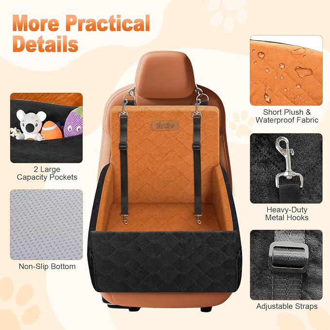 Elevated Dog Car Seat for Small and Medium Dogs Up to 35 lb | 4" High-Density Foam Dog Car Bed, 2 Storage Pockets,3 Safety belts,Fully Removable and Washable for Easy Care,Black+Brown - Image 5