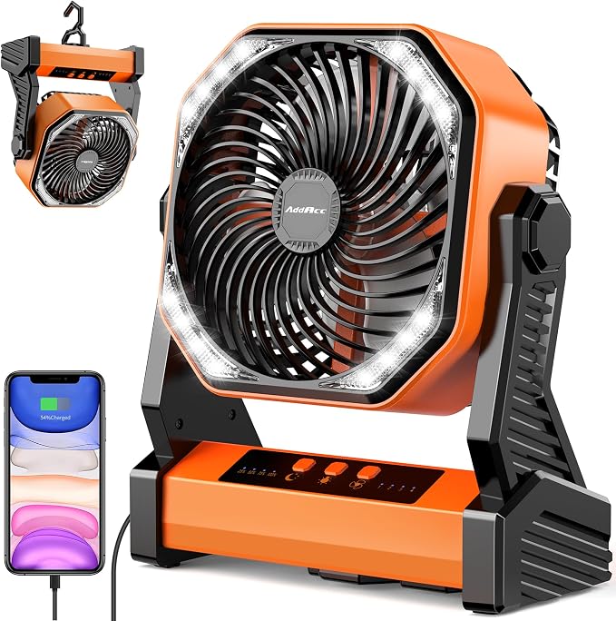 20000mAh Battery Powered Camping Fan, 58Hrs Rechargeable Portable Fan, 400LM Light, 360° Hook, Whisper Quiet Battery Operated Fan for Outdoor Car Travel Gear Essentials Power Outages Co-brand AMACOOL by AddAcc