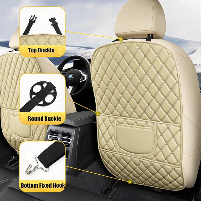 Leatherette Car Seat Protector - 2 Pack Large Car Kick Mats with Storage Organizer Seat Back Cover Against Dirty Shoes & Scratches, Universal Fit for Most Vehicles (Beige) - Image 2