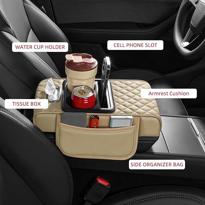 5 in 1 Nappa Leather Console Armrest Cover, Beige | Built-in cup holder, tissue slot, phone holder & 2 storage pockets, practical car accessories fit SUV sedan truck - Image 2