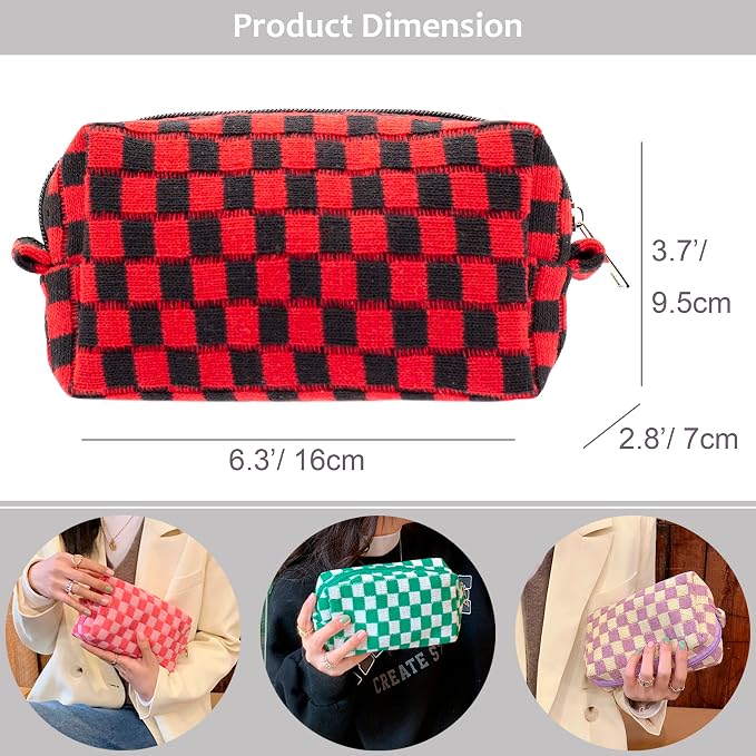 Checkered Makeup Bag for Purse, Small Travel Cosmetic Pouch,Red Black | Cute Zipper Makeup Organizer for Women, Travel Essentials, Toiletries, Makeup Brushes, Beauty Accessories&Bridesmaid Gifts - Image 3
