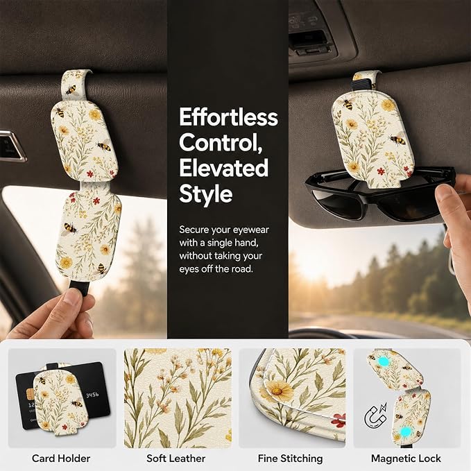 Sunglasses Holder for Car Visor, PU Leather Glasses Clip Organizer, Cute Magnetic Eyeglass Holder for Vehicle Sun Visor, Car Interior Accessory for Women & Men, Bee Flowers - Image 5
