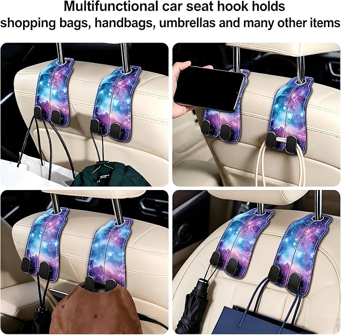 Car Seat Back Headrest Hooks - 2 Pack, Cosmic Galaxy Art Pattern Purse Hook for Car, Metal Leather Multifunctional Auto Hanger Organizer for Bags Water Bottles Phones - Image 6