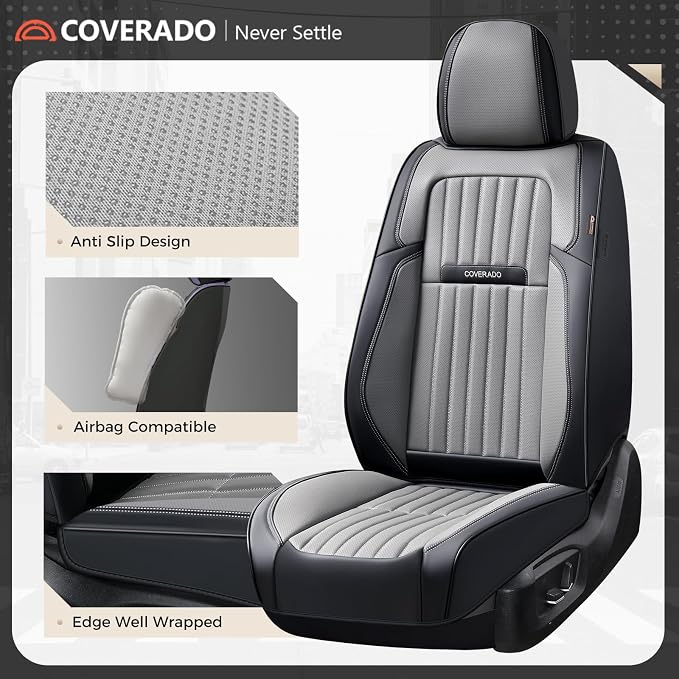 Coverado Car Seat Covers Front Seats, Seat Covers for Cars, Car Seat Protector, 2-Pack Car Seat Cushion Nappa Leather, Waterproof Seat Covers Carseat Cover Universal Fit for Most Cars(Black&Gray) - Image 6