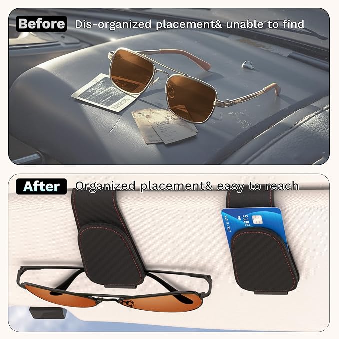 BFXM Car Sunglass Holder, Magnetic Leather Sunglass Holder | Eyeglass Hanger Clip for Car Sun Visor, Car Sun Visor Ticket and Card Clip - Image 2
