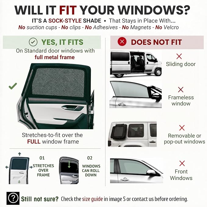 XXXL/Window Sun Shades for Trucks, 2-Pack/8 Sizes. Stretch-To-Fit H: 23"x W: 50" Rear Windows. Slip-On Breathable Mesh Socks for Side Windows, Full Coverage, Heat & Bug Protection, 2-Pack by Qualizzi - Image 9