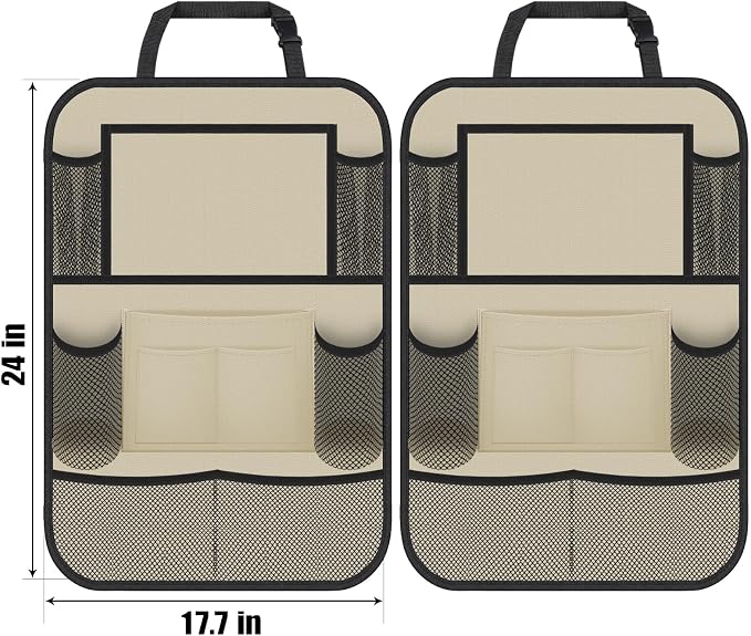 Backseat Car Organizer w/ 10 Storage Pockets 11" Tablet Holder, 2 PCS Beige | Car Organizers and Storage Kick Mats Back Seat Protector w/ Touch Screen Tablet Holder for Kids Toddlers, Travel Accessories - Image 5