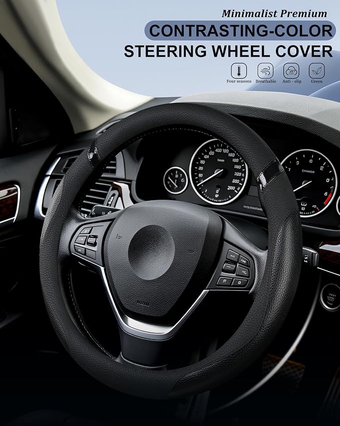 Cxtiy Car Steering Wheel Cover for Men Women Universal Leather Steering Covers for Car SUV (Full-Black) - Image 2