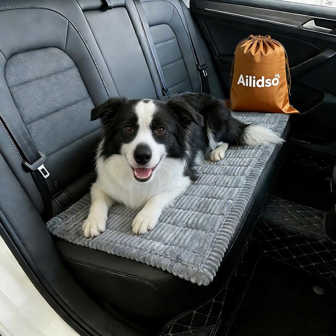 Soft Plush Dog Car Seat Cover & Sofa Protector, Non-Slip Mat (23.6''×70'') | Ailidso Soft plush travel seat protector for backseat or sofa. Non-slip bottom, machine washable, includes storage bag (Grey) by Ailidso