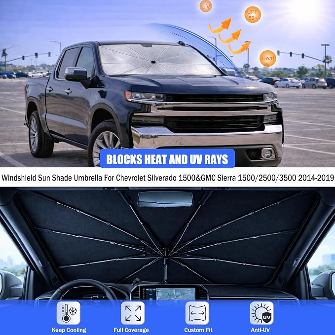 Windshield Sun Shade Umbrella for Chevy Silverado&GMC Sierra 1500 2014-2019 | For 2500/3500 2026 Upgraded,Custom-Fit Umbrella Sunshade,Easy Install,UV Protection & Heat Reflective - Image 2