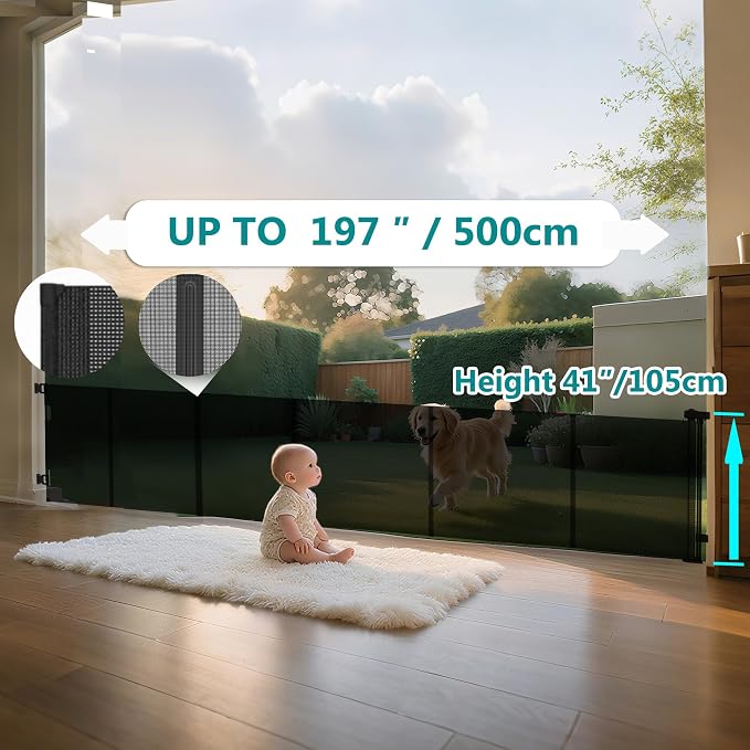 200 Inch Extra Wide Retractable Baby Gate,Mesh Baby Gate or Mesh Dog Gate,34" Tall,Child Safety Gate for Doorways, Stairs, Hallways, Indoor or Outdoor - Image 2