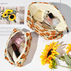 SOIDRAM 2 Pieces Flower Makeup Bag Large Corduroy Cosmetic Bag Capacity Canvas Mix Travel Toiletry Bag Organizer Cute Makeup Brushes Aesthetic Accessories Storage Bag for Women, Flower Mix Orange - Image 4