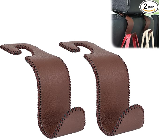 Car Seat Headrest Hook 55lb Heavy Duty Metal Hanger with Leather for Bags | Universal Fit car SUV Truck, Premium Microfiber Leather, Metal Core, Hang Purses Groceries Handbag Backpack, 2 Pack Brown by Amooca