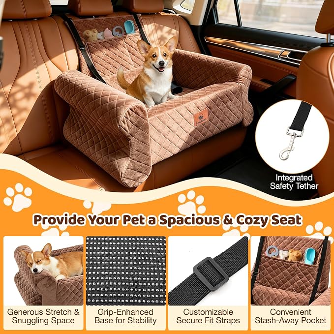 Dog Car Seat for Medium/Large Dogs up to 60LBS Memory Foam Dog Booster Seat | with Thick Cushion, Pet Car Seat for Back with Detachable Washable Cover, Storage Pockets for SUV, Pick Up, Trunk, Brown - Image 3