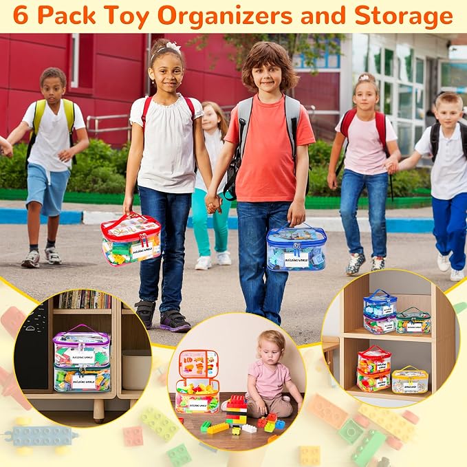 Tesuko 6 Pack Clear Toy Storage Bag with Name Tag& Manual Pocket, Waterproof Transparent PVC Toy Organizer Case for Lego Bricks, Board Games, Building Blocks, Puzzles (Large Capacity, Colorful) - Image 8