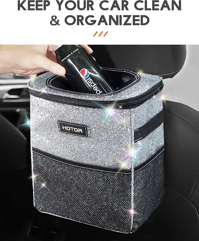 HOTOR Car Trash Can, Compact Waterproof Organizer, Leak-Proof Bin, 2-Gallon | Sparkle White, Multifunctional Car Accessory with Adjustable Straps & Magnetic Snaps for Interior Car Storage - Image 2