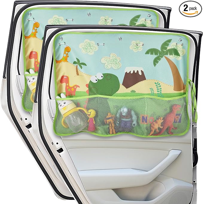 DIZA100 Car Window Shade for Baby, 2 Pack Car Sun Shades with Storage Pockets Car Window Curtain 7 Suction Cups Dinosaurs Pattern for Sun/Heat/UV Rays Protection by DIZA100