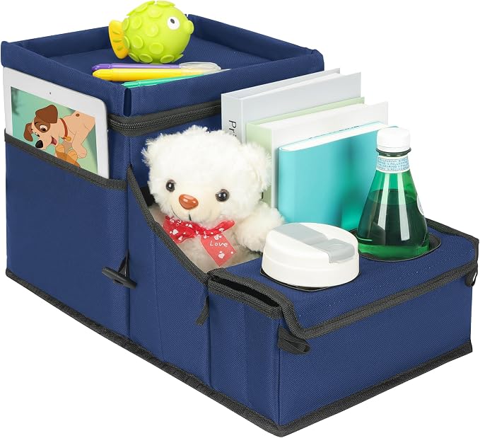 Backseat Organizer for Kids & Adults – Car Seat Cooler Warmer with 2-in-1 Writing Tray, Cup Holders & 11 Storage Compartments | Road Trip Car Organizer for Front & Back Seat (Black) (Navy Blue) - Image 6