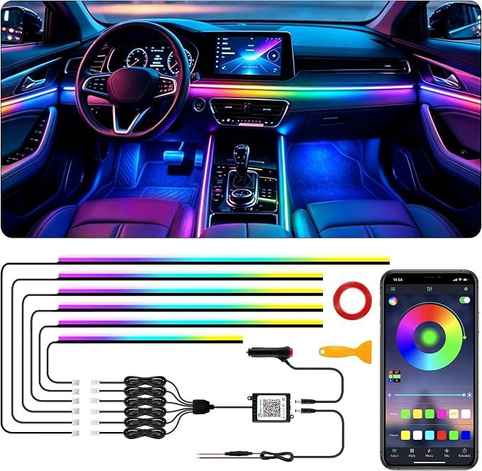 Interior Car LED Strip Lights with Wireless APP, Ambient Lighting Kits with Dynamic Dreamcolor Chasing, 16 Million Colors Acrylic LED Lights for Car, Sound Active Function Car Neon Lights (6 in 1) by SAMGCHI