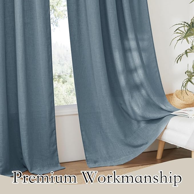 RYB HOME Sheer Curtains 72 inches Long for Bedroom | Linen Textured, Semi Sheer, Window Backdrop Curtains, Light Filtering Privacy Drapes, Stone Blue, W52 x L72, 2 Panels - Image 4