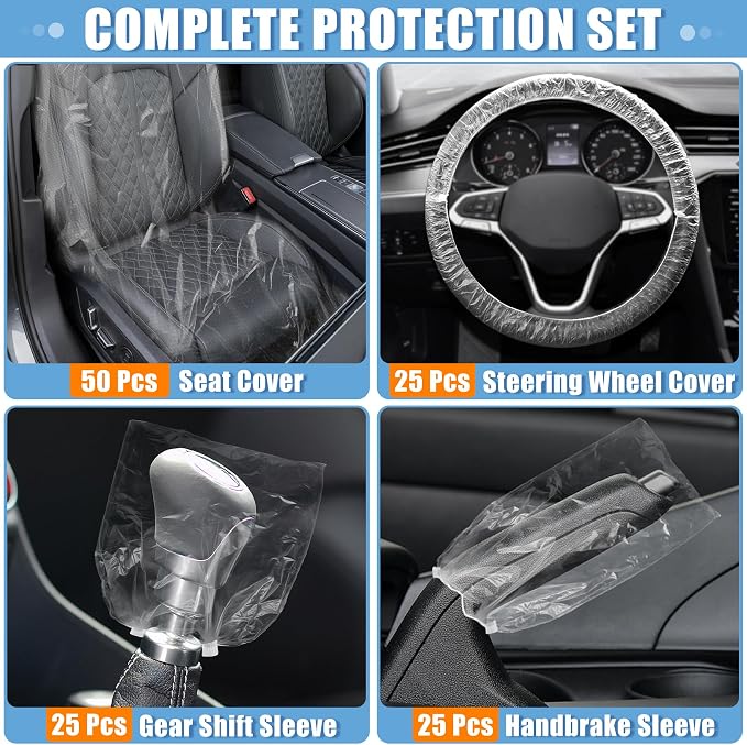 MYFAMIREA 125 PCS Disposable Car Seat Covers Clear Plastic Vehicle Seat Protector Set with Steering Wheel, Gear Shift and Handbrake Covers, Universal for Cars Auto Truck Bus Airplane - Image 5