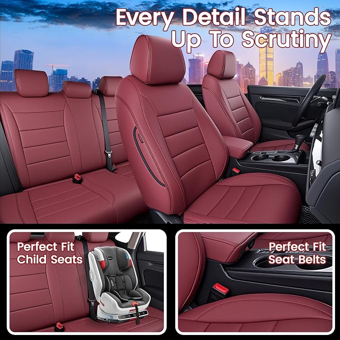 HKZ Custom Fit Civic Seat Cover Full Set for 11th Gen Honda Civic 4 Door (Hatchback Sport 2022-2026)&(Hatchback LX 2022-2024) 5-Seats Full Set,Leather Seat Protector(Burgundy) - Image 7