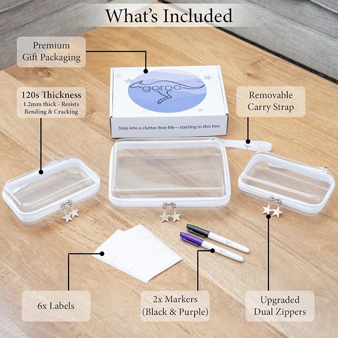 Clear Hard Shell Zipper Case Set (1Large + 2Small), 120s Thick PET Plastic Storage Bags, Dual Zipper Travel Organizer with Star Charms, Removable Strap, Removable Labels & 2 Markers - Image 2