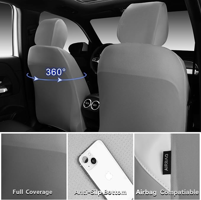 CAR PASS Memory Foam Leather Seat Covers Full Set, Breathable Perforated Nappa Leather Seat Covers Universal Fit for Most Cars,Sedans,SUV,Trucks Thick 3D Foam Comfortable, Airbag Compatible Gray White - Image 4