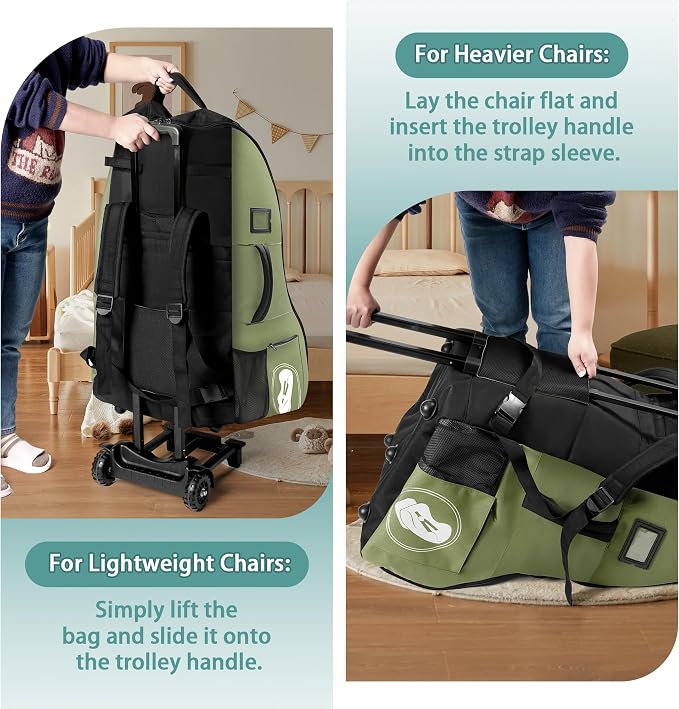 Rolling Car Seat Travel Bag with Wheels – Car Seat Backpack Transport Case for Airplane Travel, Fits Convertible & Booster Seats, Protective Storage Cover, (Green) - Image 7