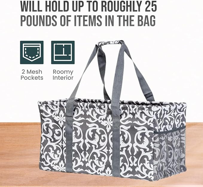Extra Large Utility Tote Bag - Oversized Collapsible Reusable Wire Frame Rectangular Canvas Basket With Two Exterior Pockets For Beach, Pool, Laundry, Car Trunk, Storage - Damask Gray - Image 5