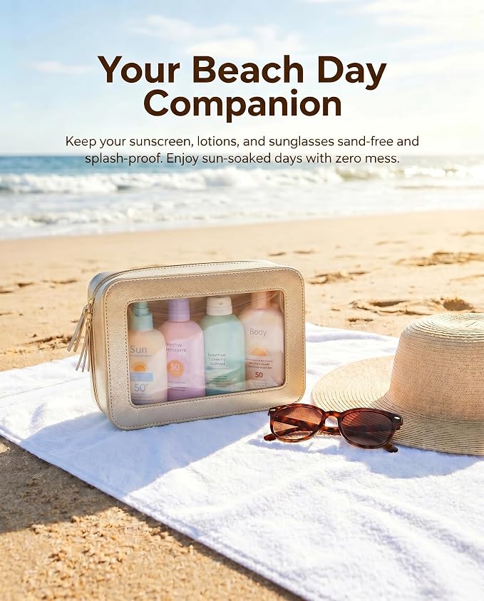 Clear Makeup Bags,TSA Approved Toiletry Bag with Zipper,Sunscreen Bag Clear Makeup Toiletry Pouch Beach Vacation Essentials for Women Teen Girls Gifts(Golden) - Image 3
