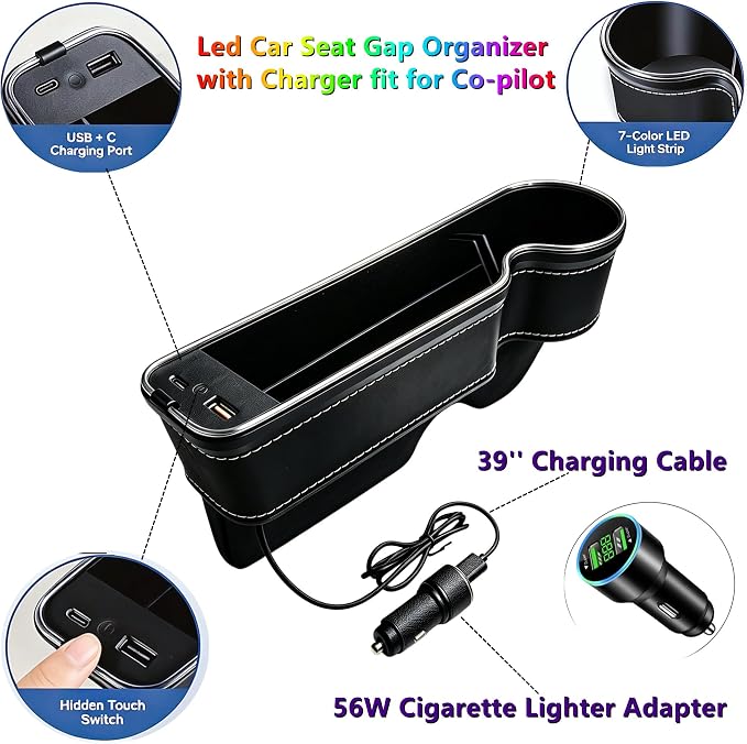 7 Color Led Car Seat Gap Filler Organizer Car Seat Pocket Gap Filler with USB+C Fast Charger,Car Gap Organizer Storage 2023 Console Side Seat Gap Filler fit for Passenger Side(Black-passenger side) | USB & Type C Fast Charging,Console Side Organizer Cu... - Image 3