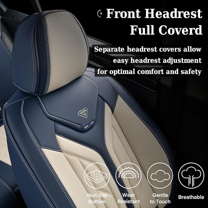 Coverado Car Seat Covers Full Set, Leather Seat Covers for Cars, Waterproof Automotive Seat Covers Car Seat Protectors Car Accessories Universal Fit for Most Sedans SUV Pick-up Truck(Blue&Beige) - Image 6
