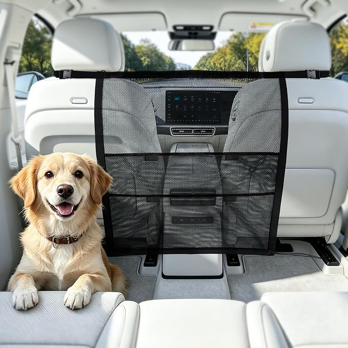 Dog Car Barrier, Dog Car Net Barrier, Dog Barrier for SUV Car Truck | Car Dog Barrier with 2 Large Storage Pockets, Adjustable Top & Bottom Straps, Dog Net for Car, Car Divider for Dogs, Pets by Betterstorage