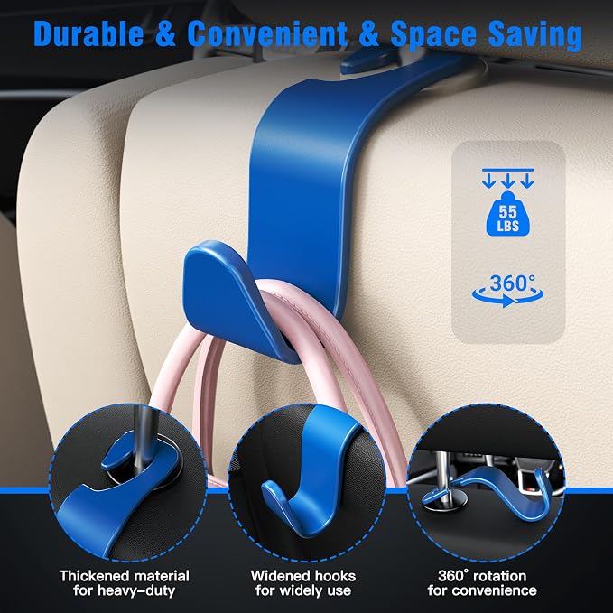 4-Pack Car Headrest Hooks Holds 55lbs Seat Storage Organizer for Bags | Durable ABS Material, 360° Rotating, Car Hanger for Backpack Umbrella Water Bottle Coat Purses Handbags Groceries, Blue - Image 5