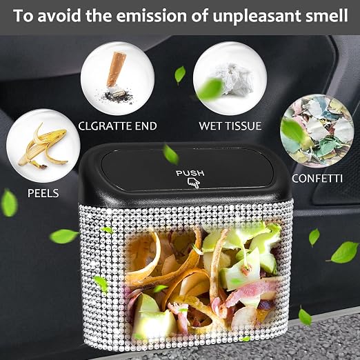 Accmor Bling Car Trash Can with Lid, Mini Auto Garbage Storage Bin with 60pcs Garbage Bags, Sparkling Crystal Trash Bags Holder Dustbin Vehicle Accessories Container Organizer (White Rhinestone) - Image 6