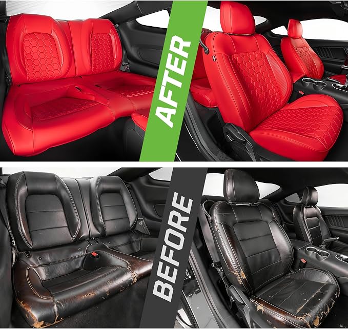 Custom Leather Car Seat Covers for Ford Mustang 2015-2023 Coupe, Red | Full Coverage Waterproof Car Seat Protector,Front & Rear Full Set,Split Backrest Compatible,Wear-Resistant,Airbag Compatible - Image 9