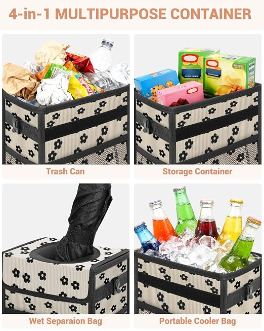 Capolo Car Trash Can with Lid, Leakproof Car Garbage Can Car Trash Bag | Waterproof, Trash Can for Car, 3 Mesh Pockets, Mini Hanging Vehicle Car Trash Bin, for Back/Front Seat (Black Flower,2.5 Gal) - Image 5