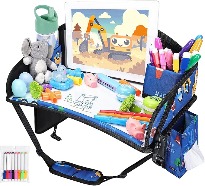 Kids Travel Tray for Toddler Car Seat, Road Trip Activities for Kid | Toddler Car Activities with No-Drop iPad Holder Stand, Roadtrip Essentials with Dry Erase Board & Cooler Cup Holder, Blue by WENRENER