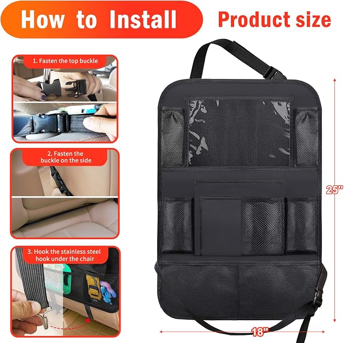 Car Backseat Organizer ，2 Pack Car Organizer Back Seat with 11" Tablet Holder, 10 Storage Pockets Seat Back Protectors Kick Mats for Kids Toddlers, Travel Accessories (Black) - Image 6