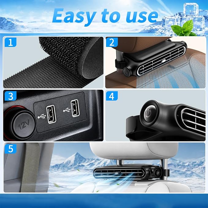 2PCS New Upgraded Car Seat Fan that Blow Cold Air for Backseat Rear Facing Headrest Cooling Fan for Car Portable Carseat Usb Car Vent Extender for Baby Small Mini Rechargeable Cooler Head Rest (White) - Image 4