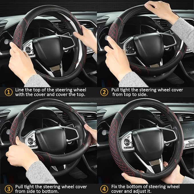 West Llama Customized Auto Car Steering Wheel Cover for Toyota Rav4 Corolla Camry Highlander(Diamond Quilted-Black+Red-Standard Size) - Image 6