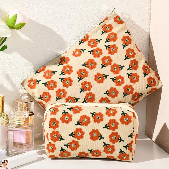 SOIDRAM 2 Pieces Flower Makeup Bag Large Corduroy Cosmetic Bag Capacity Canvas Mix Travel Toiletry Bag Organizer Cute Makeup Brushes Aesthetic Accessories Storage Bag for Women, Flower Mix Orange - Image 7