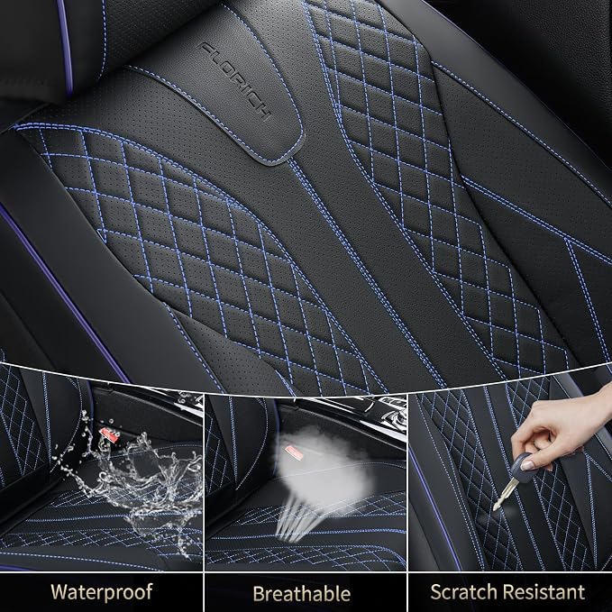 FLORICH Leather Seat Covers for Cars, Car Seat Cover Full Set Luxury Faux Leather Waterproof Seat Cover Full Coverage Seat Protector Universal Fit for Most Cars SUV Trucks, Black&Blue Line - Image 6