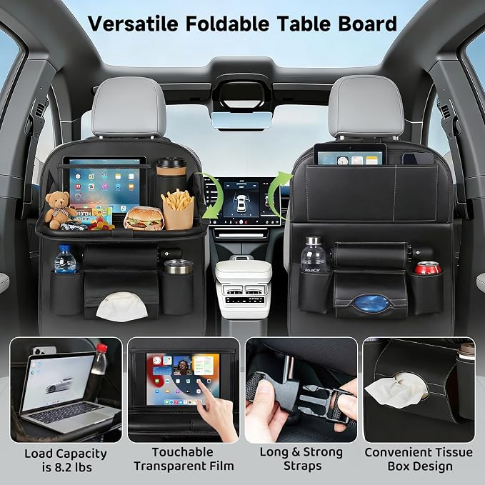 Car Seat Back Organizer with Foldable Table Tray Back of Seat Car Organizer with Touch Screen Phone Holder Premium Pu Leather Material for Kids, Pets & Travel Accessories(1 Pack) - Image 2