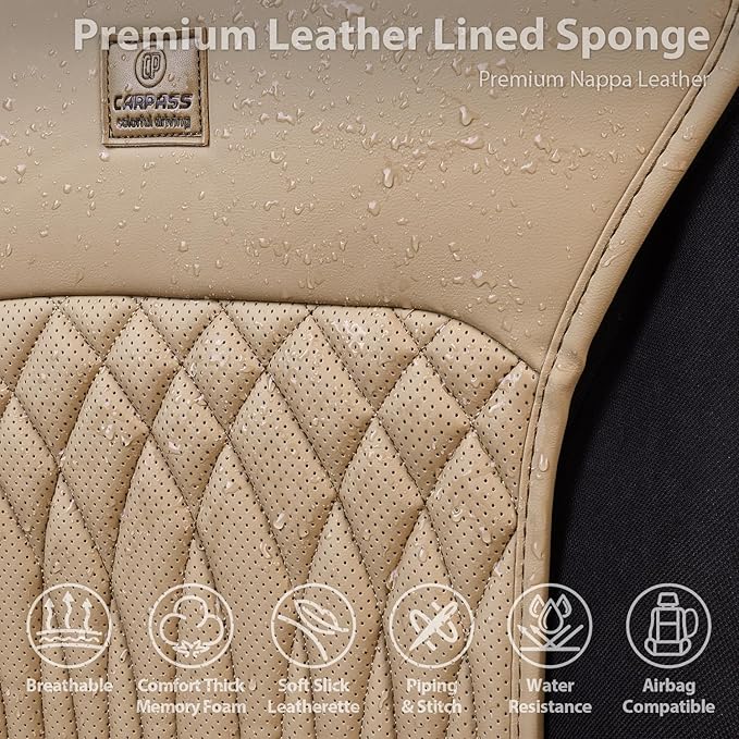 CAR PASS Car Seat Protector, 2 Pack Sideless Nappa Leather Seat Covers for Cars, All Season Waterproof Breathable Front Seats Cushion with Storage Pocket Universal Fit Vehicle Car SUV Truck, All Beige - Image 3