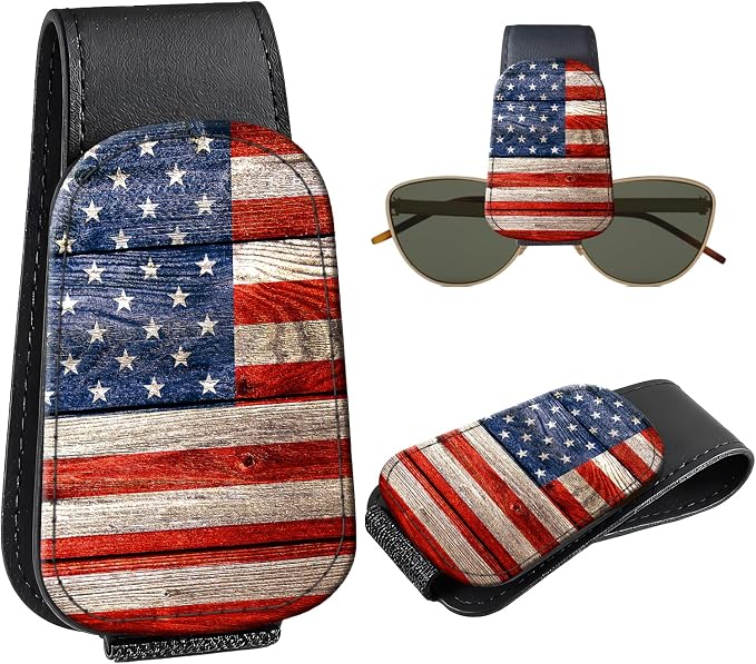 Leather Magnetic Sunglass Holder for Car Sun Visor, Cute Eyeglass Ticket Card Hanger Clip, Universal Auto Interior Accessories for SUV Pickup Truck, USA Flag by Unknown