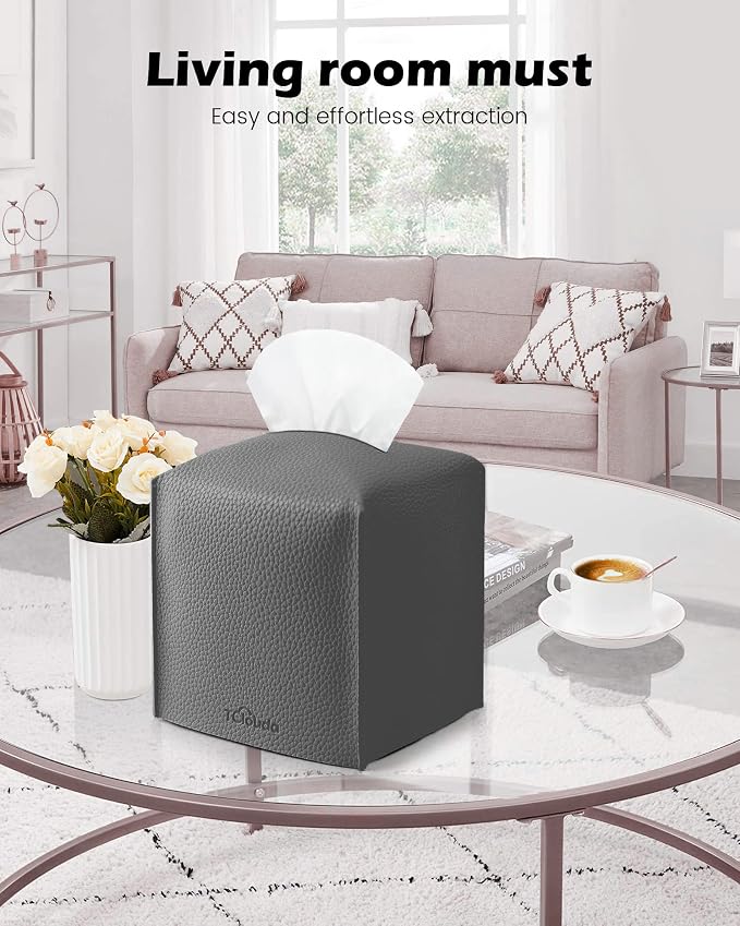 Tissue Box Cover for PU Leather, Modern Simple Solid Color Holder Square Tissue Bag, Ideal for Bathrooms,Office,Car,Nightstand,Outdoor Tent,Dining Table,5"X5"X5", Single Charcal - Image 3